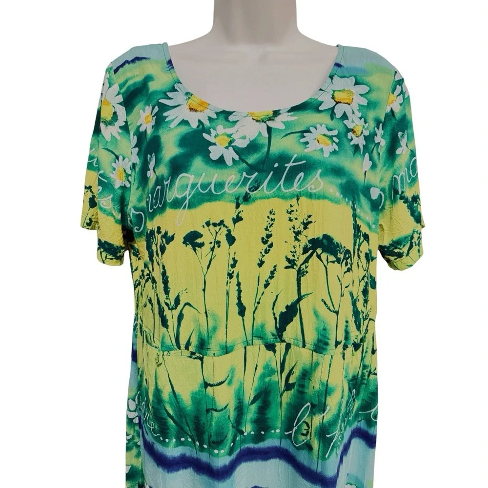 VTG‎ Jams World Maxi Dress L Herb Daisies Art Print 90s Whimsigoth Resort